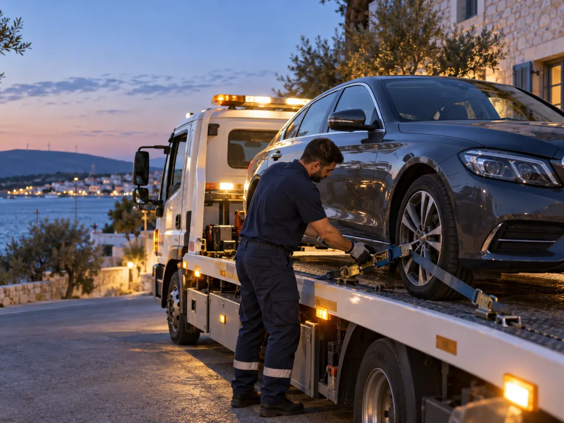 Güvenli araç taşıma için çekiciye yüklenen otomobil